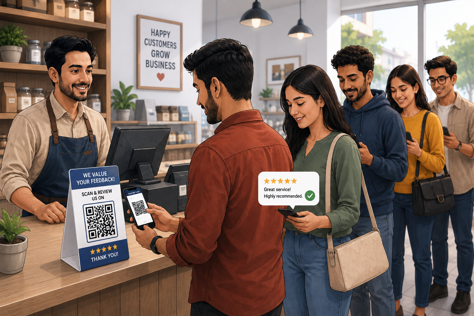 Business owner and customers scanning a QR code to leave a review